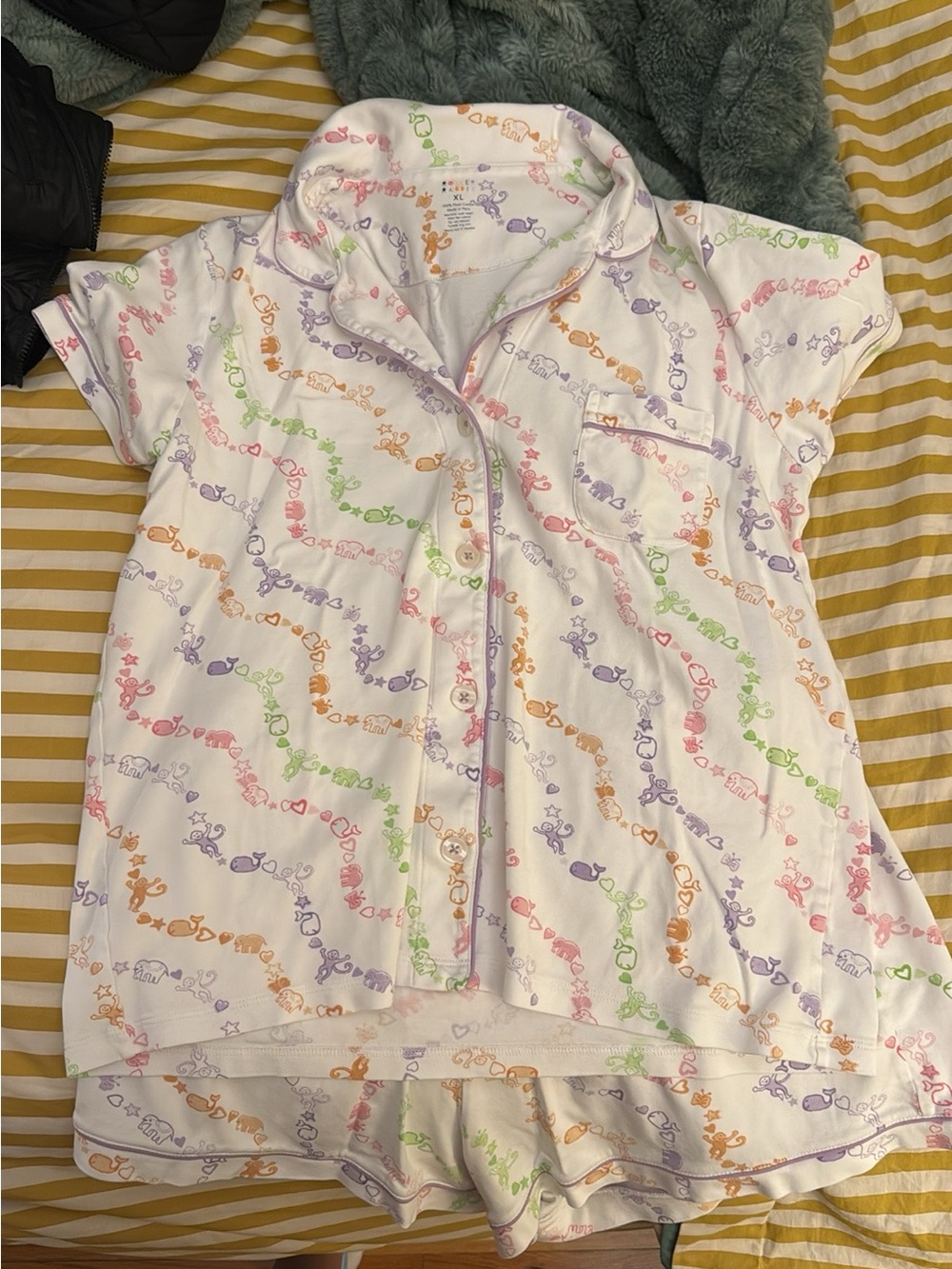 Roller Rabbit White Short-Sleeve Pajama Set with Pastel Animal Print